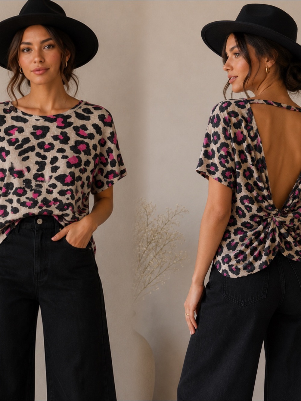 Leopard Print Open-Back Top with Pink Accents